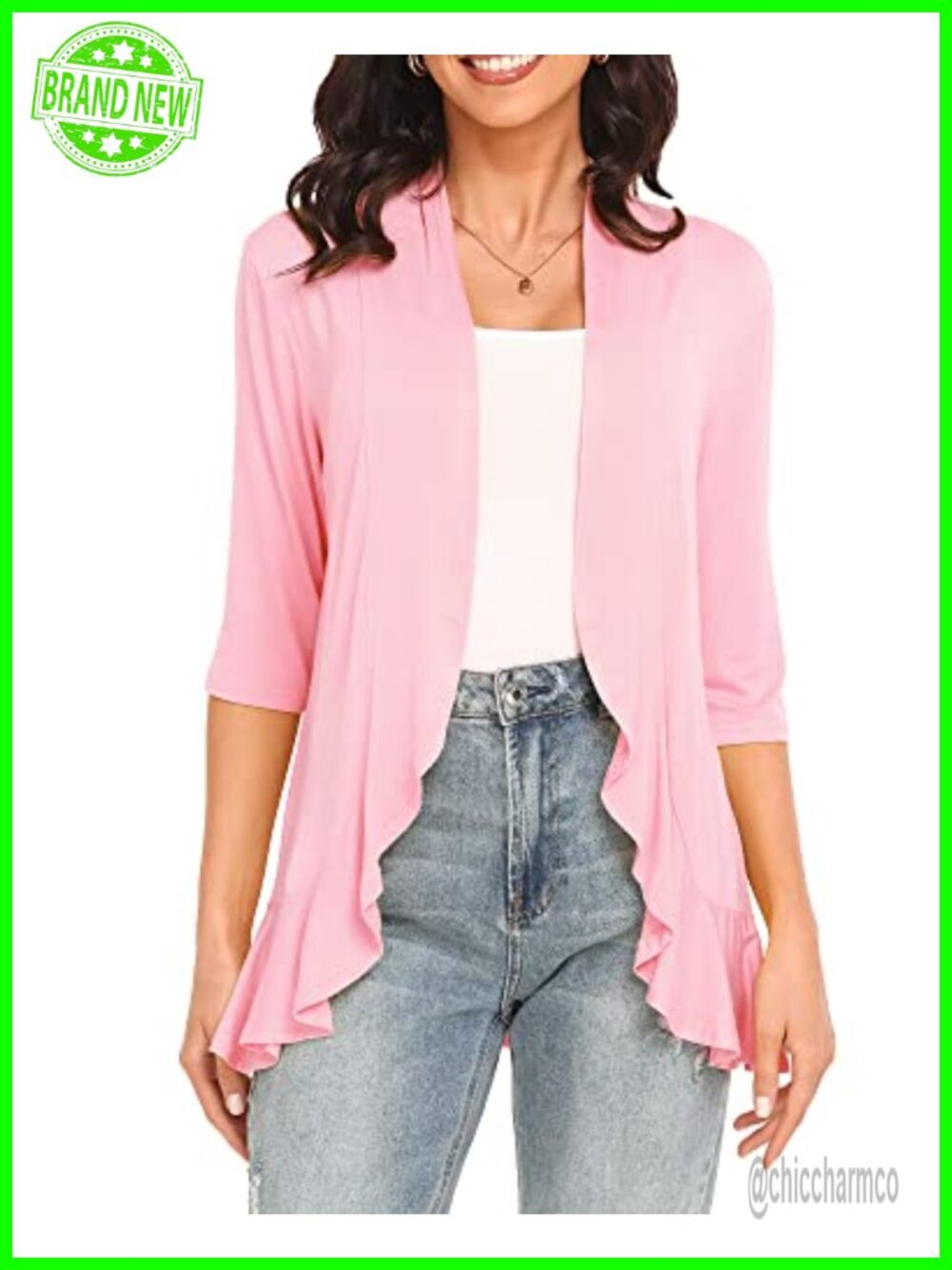 Women's 3/4 Sleeve Open Front Cardigan Lightweight Ruffle Shawl Collar